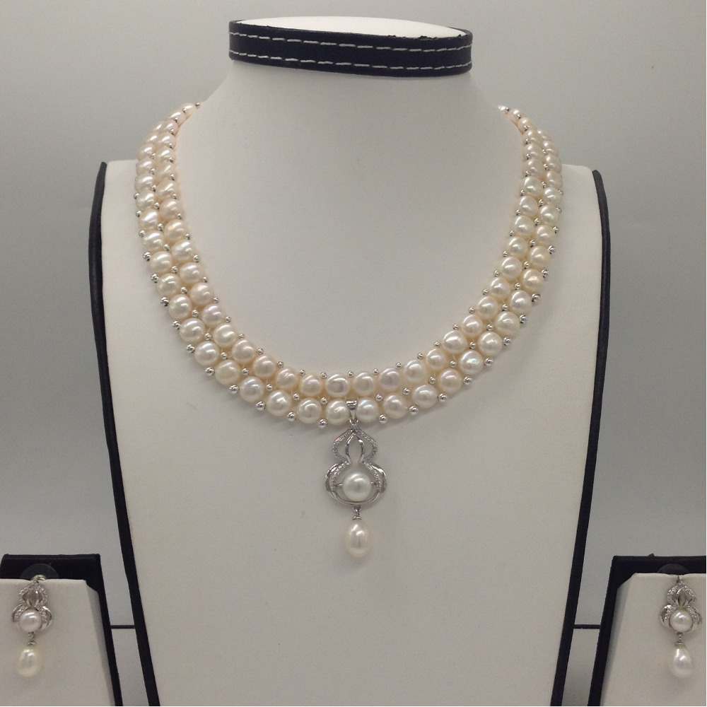 White cz pendent set with 2 line button pearls mala jps0260