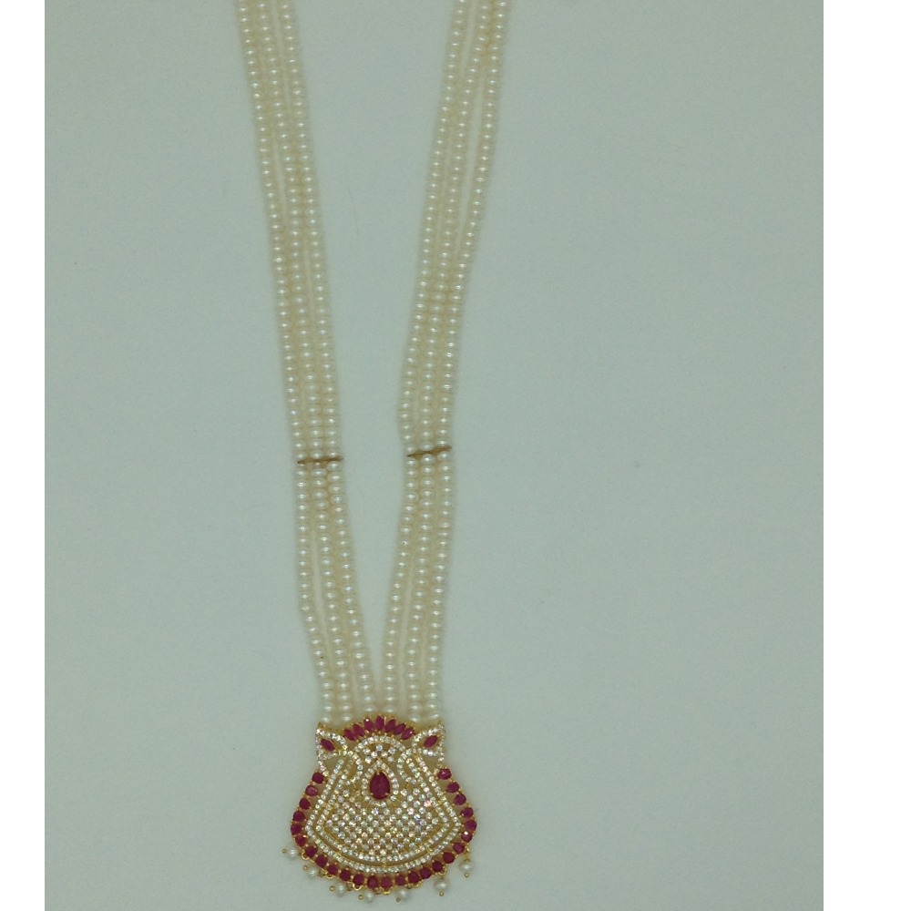 Red,white cz pendent set with flat pearls mala jps0598