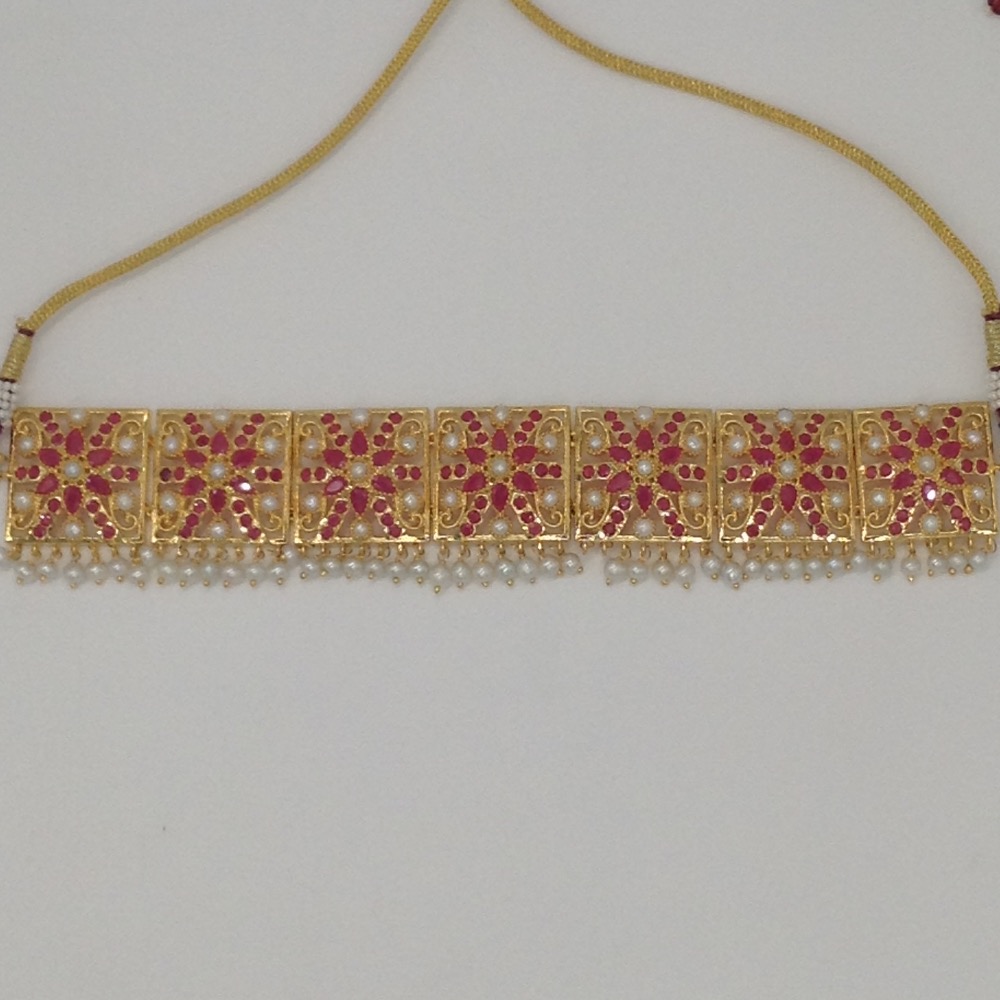 Ruby and white button pearls laccha necklace set jnc0033