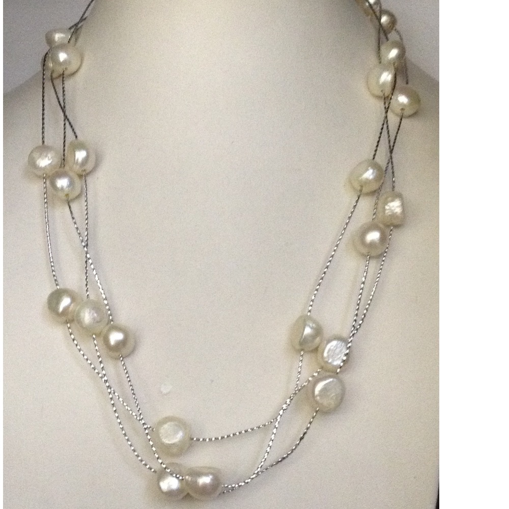 Freshwater white button pearls long white chain mala JPM0303