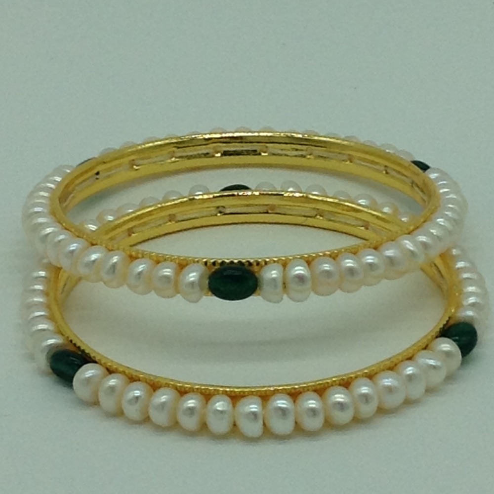 White Flat Pearls And Green Semi Bangles JBG0081