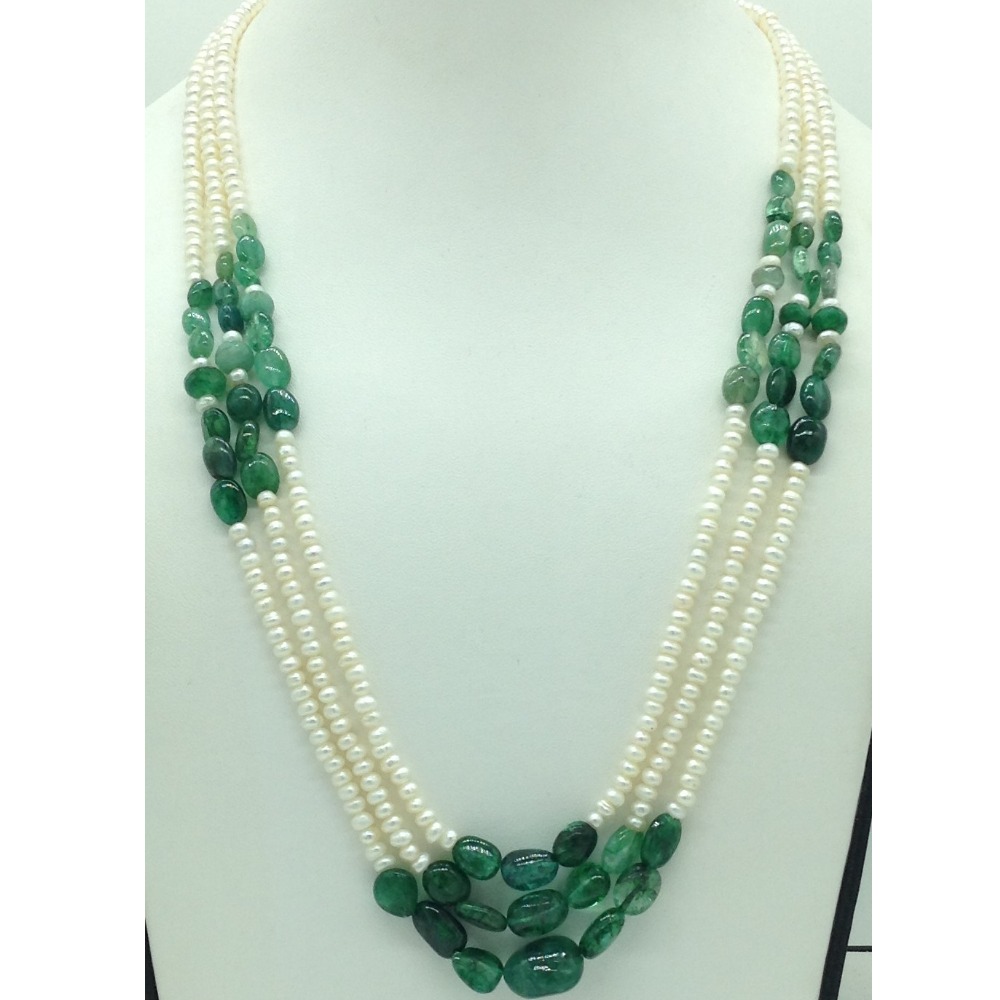 White flat pearls with green bariels 3 layers necklace jpm0417