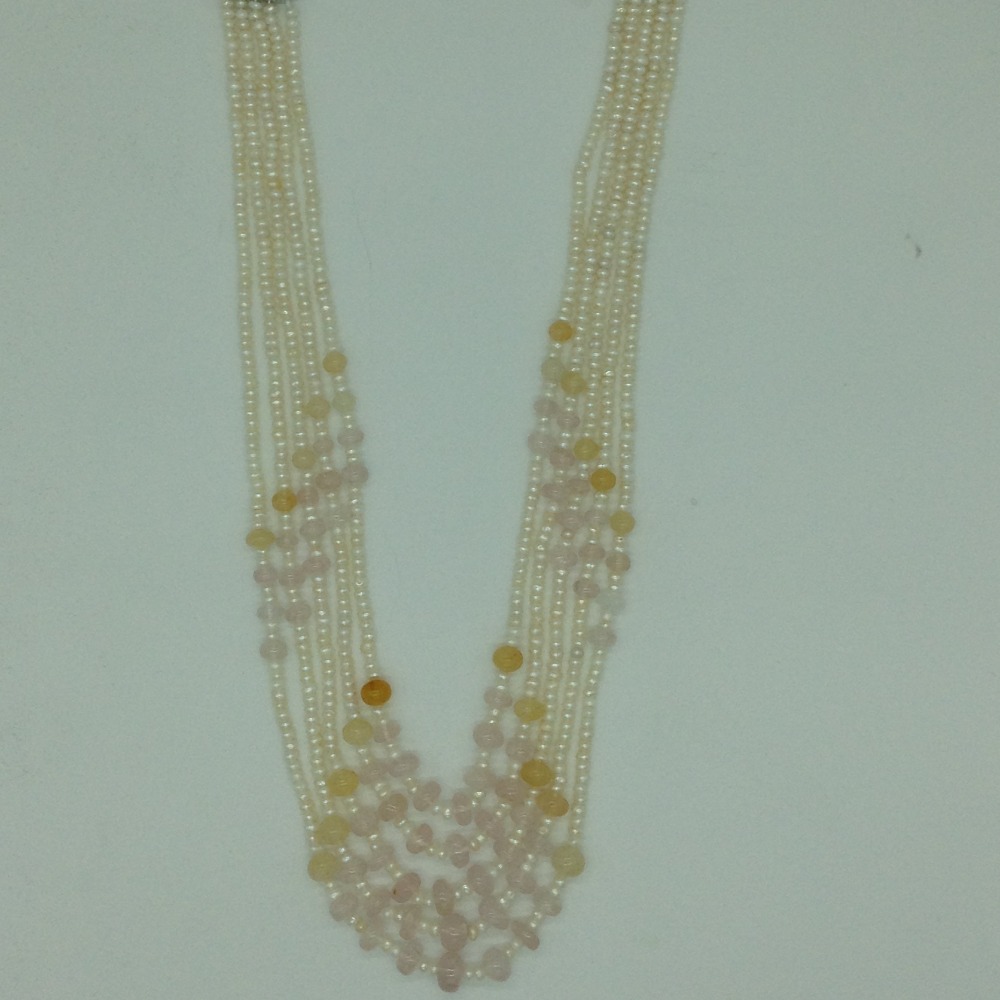 White Pearls With Pink Quartz 5 Layers Necklace JPM0380