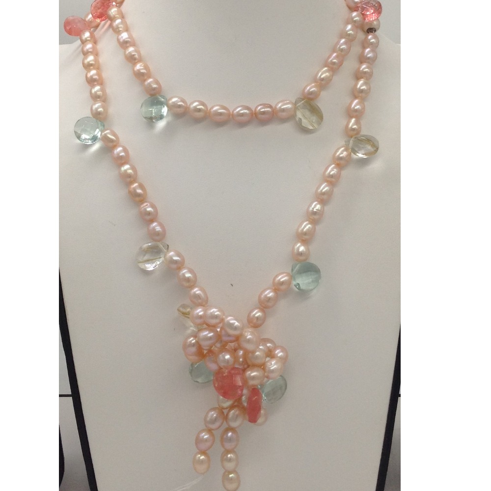 Pink Oval Pearls Long Mala With Faceted CZ Drops JPM0256