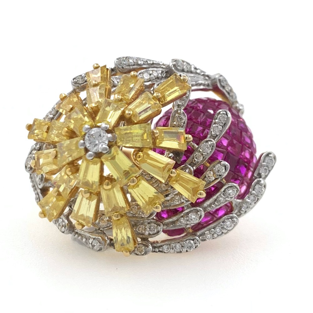 18kt / 750 yellow gold classy cocktail diamond & coloured stone ladies ring 5lr686