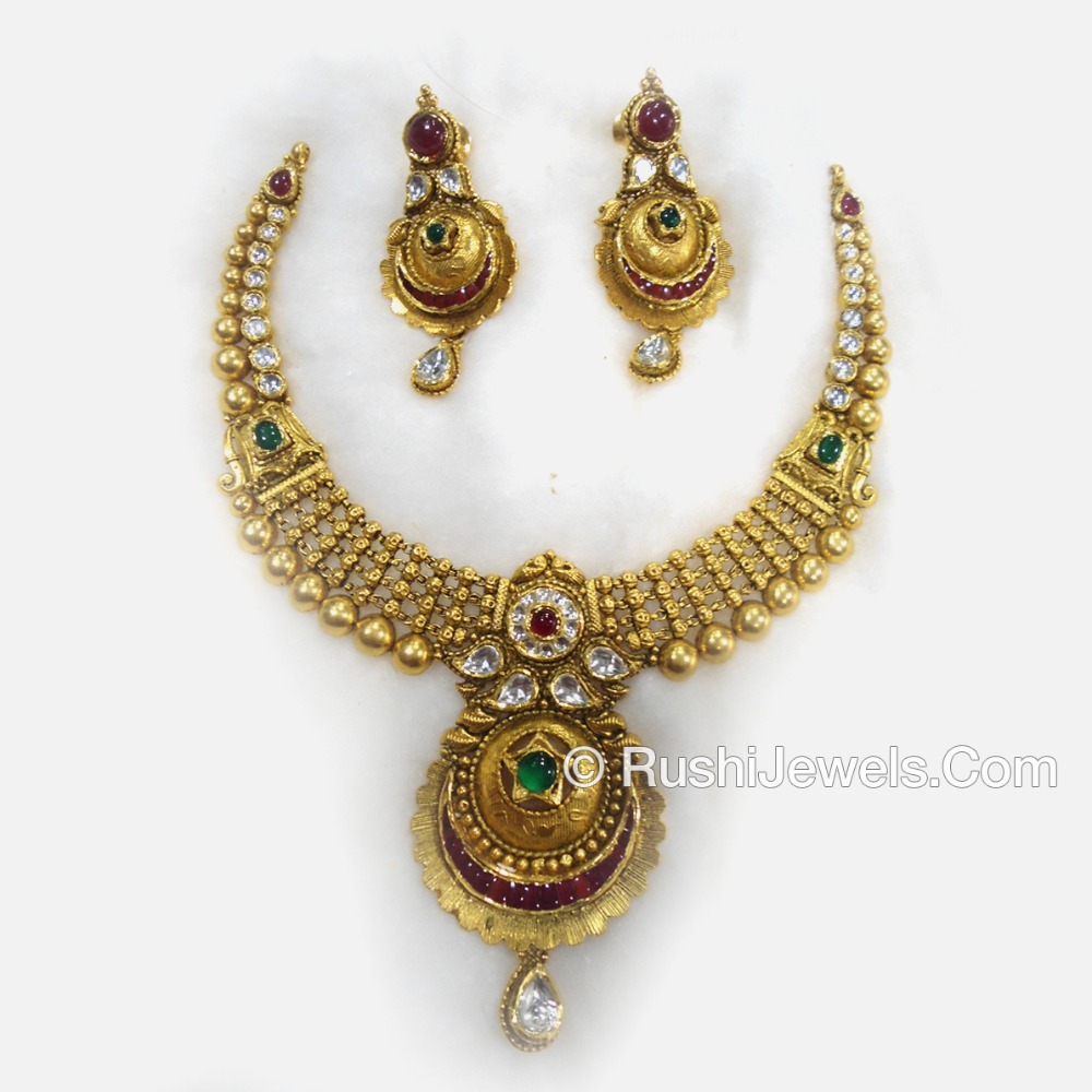 916 Antique Gold Bridal Long Necklace and Earring Set
