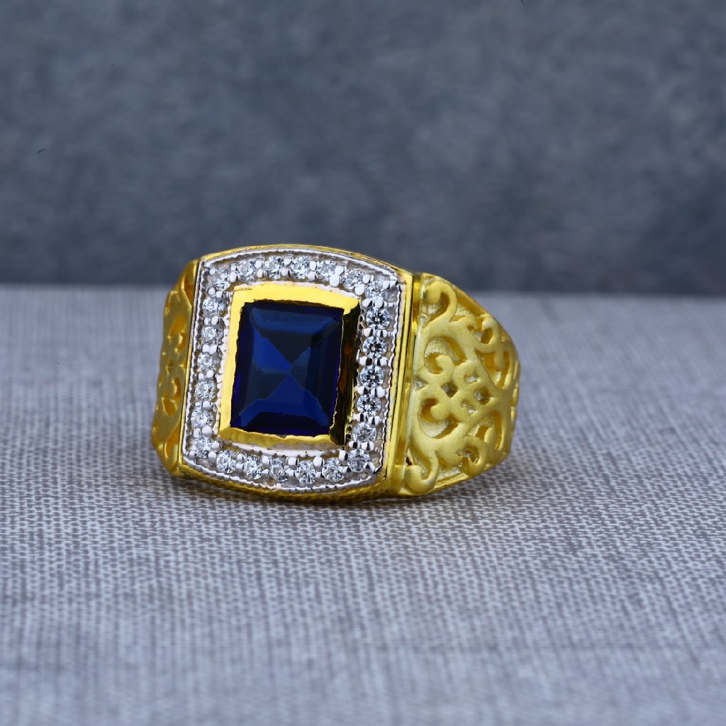 Exclusive 916 Mens Fancy Blue Stone Solitaire Gold Ring-MSR55