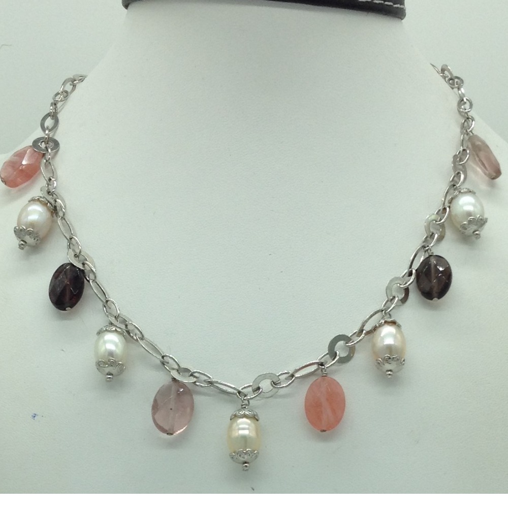 Freshwater white pearls and semi drops silver chain set jnc0086