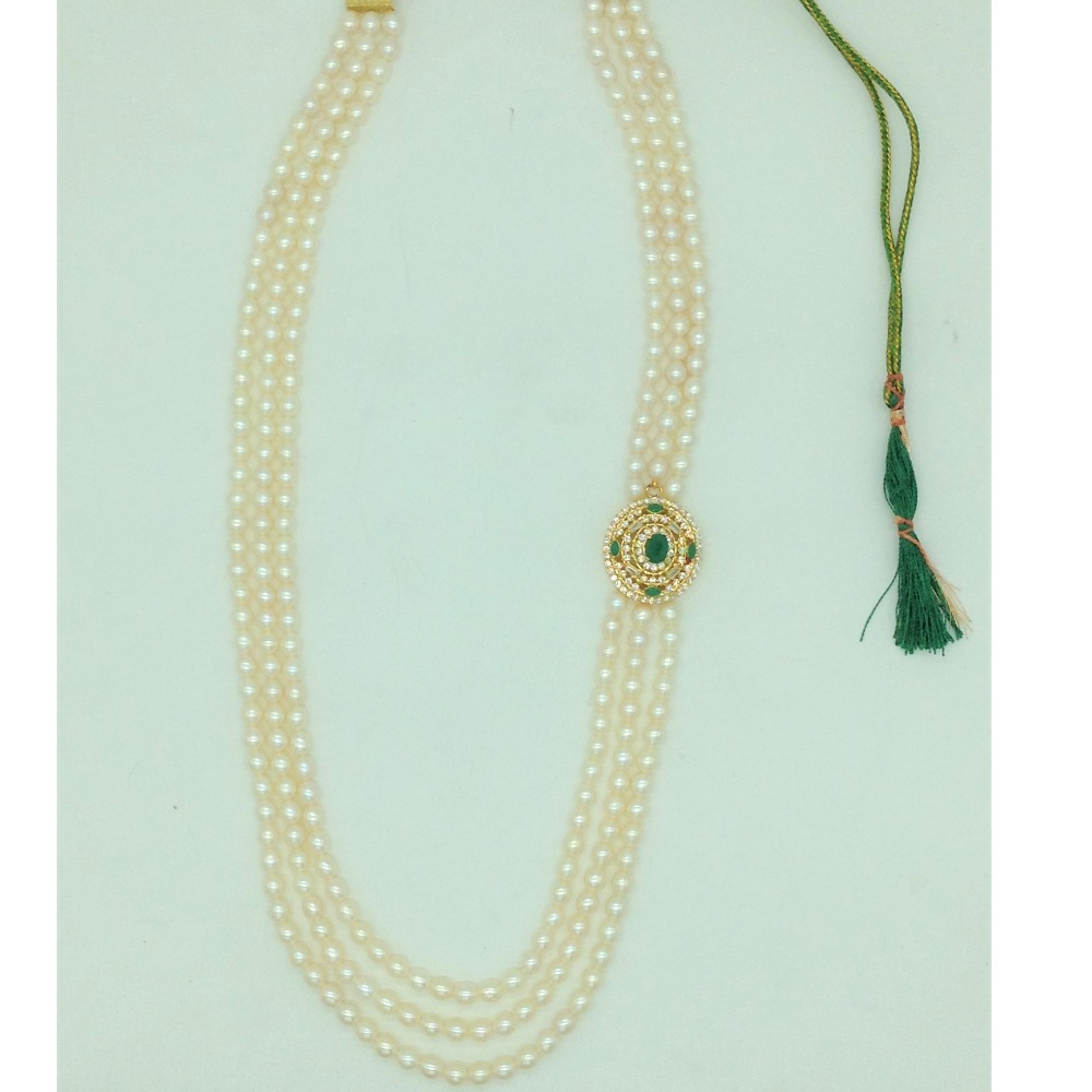 White,Green CZ Brooch Set With 3 Lines Oval Pearls Mala JPS0717