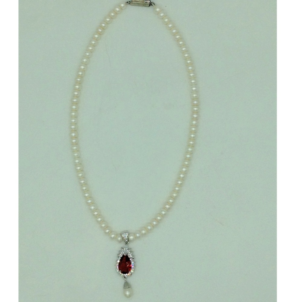 White,Red Cz Pendent Set With 1 Line Flat Pearls Mala JPS0730