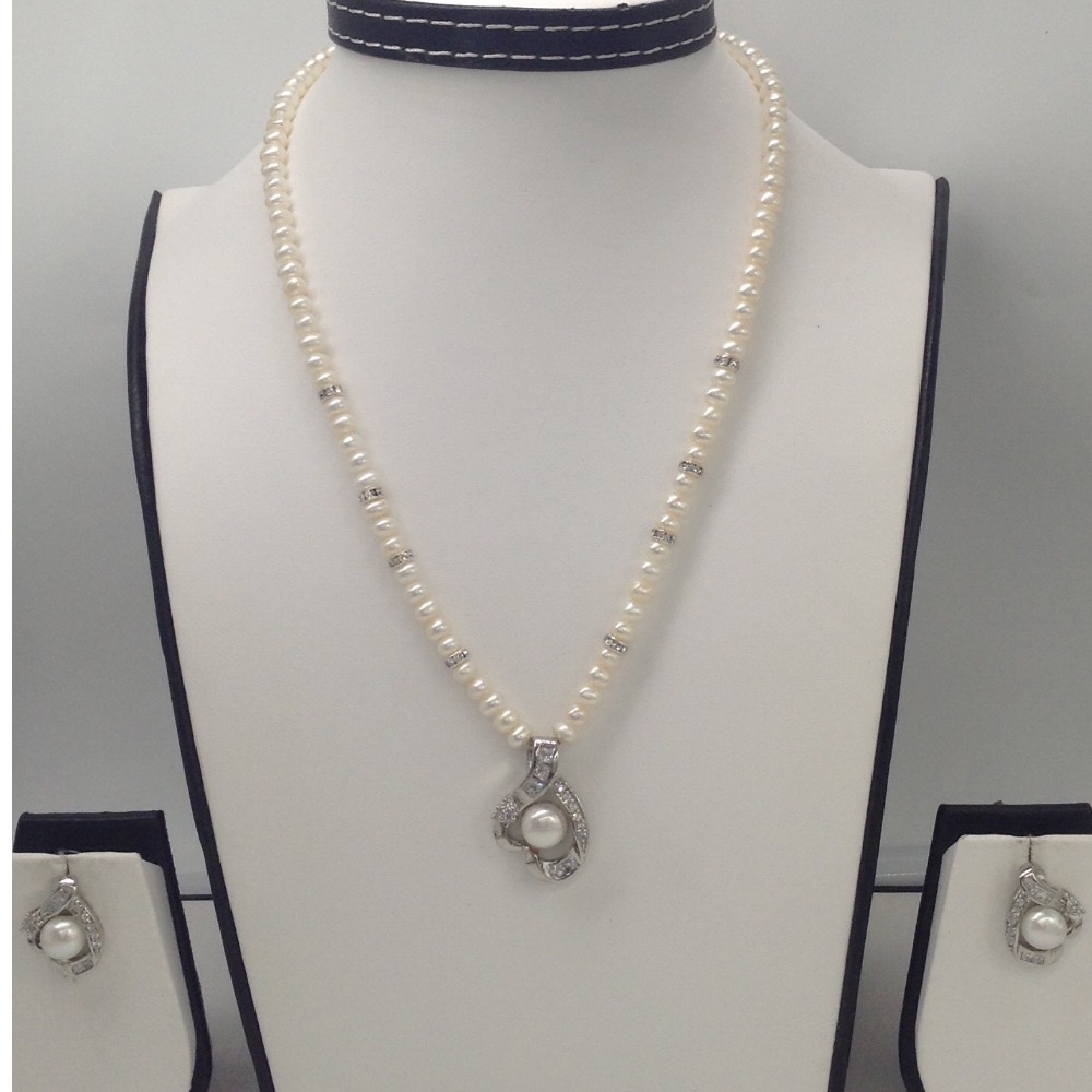 White cz and pearls pendent set with potato pearls mala jps0141