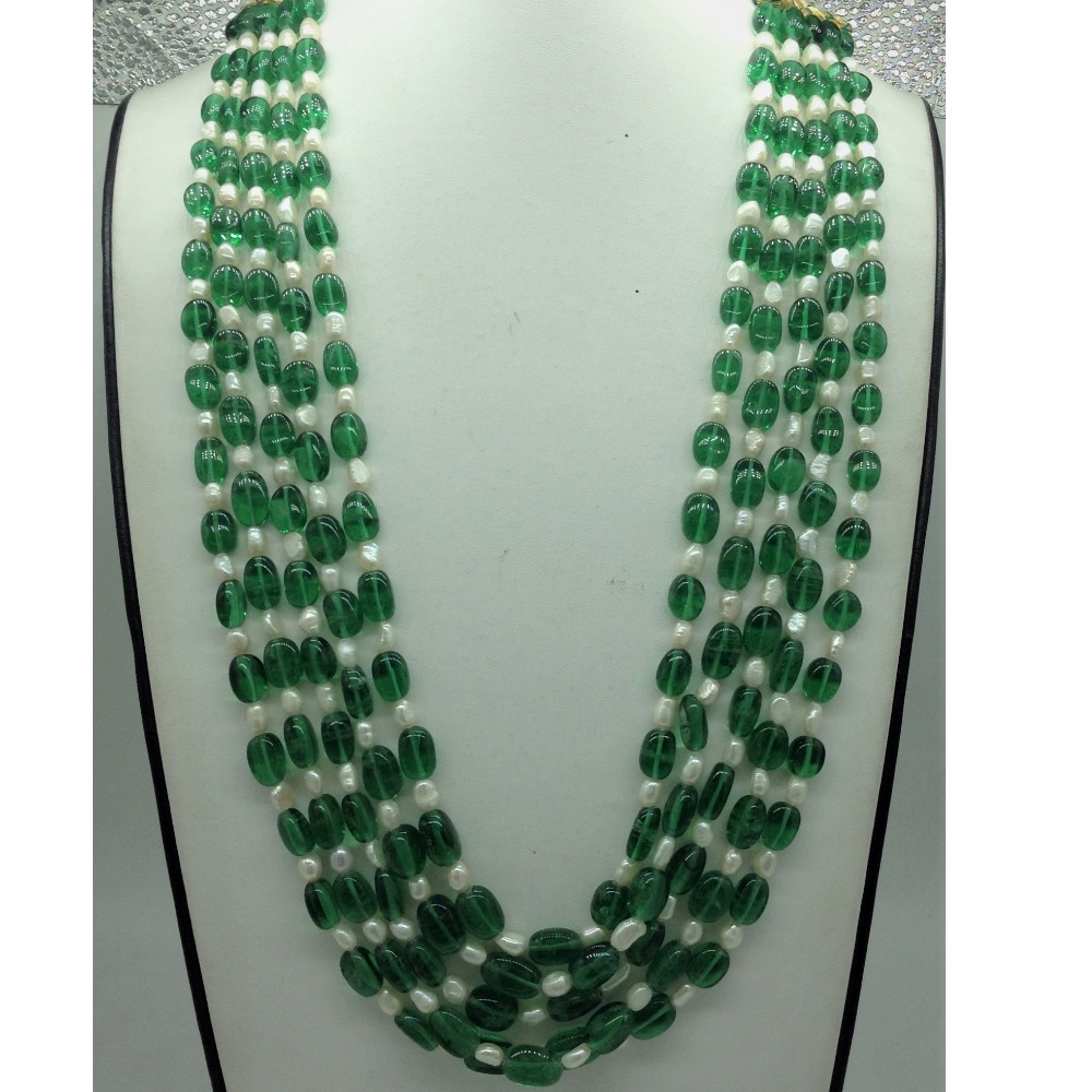 White Oval Pearls with Green Oval Beeds 5 Layers Mala JPM0511