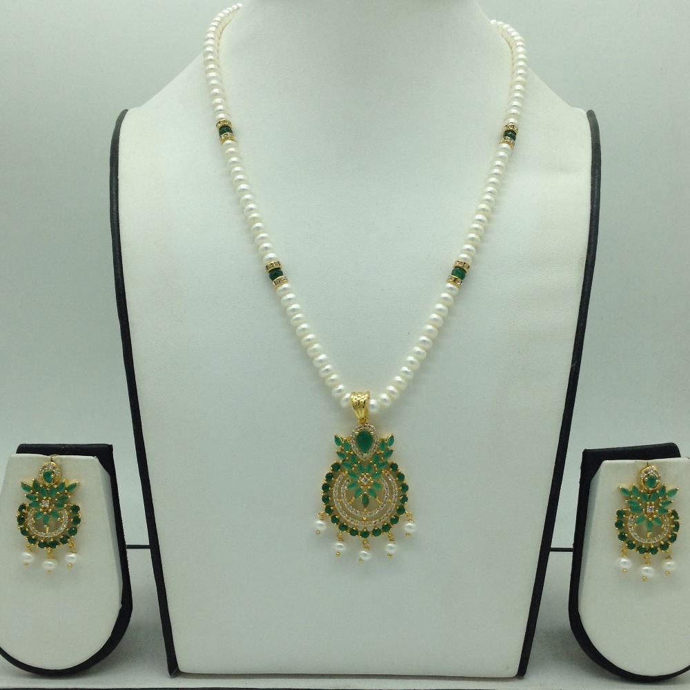 White,Green Cz Pendent Set With 1 Line White Pearls Mala JPS0827