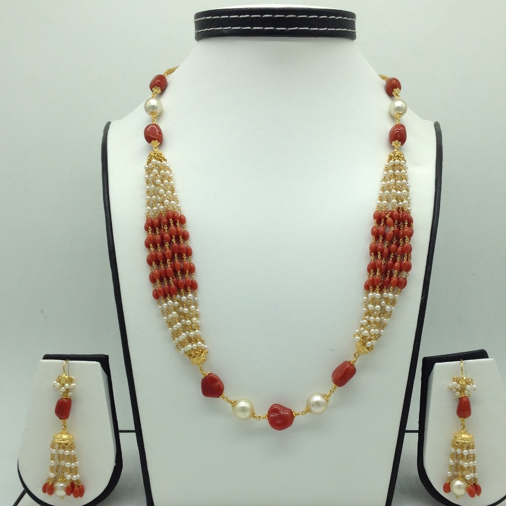 South Sea Pearls Coral Oval Tumbles Gold Taar Necklace Set JGT0015