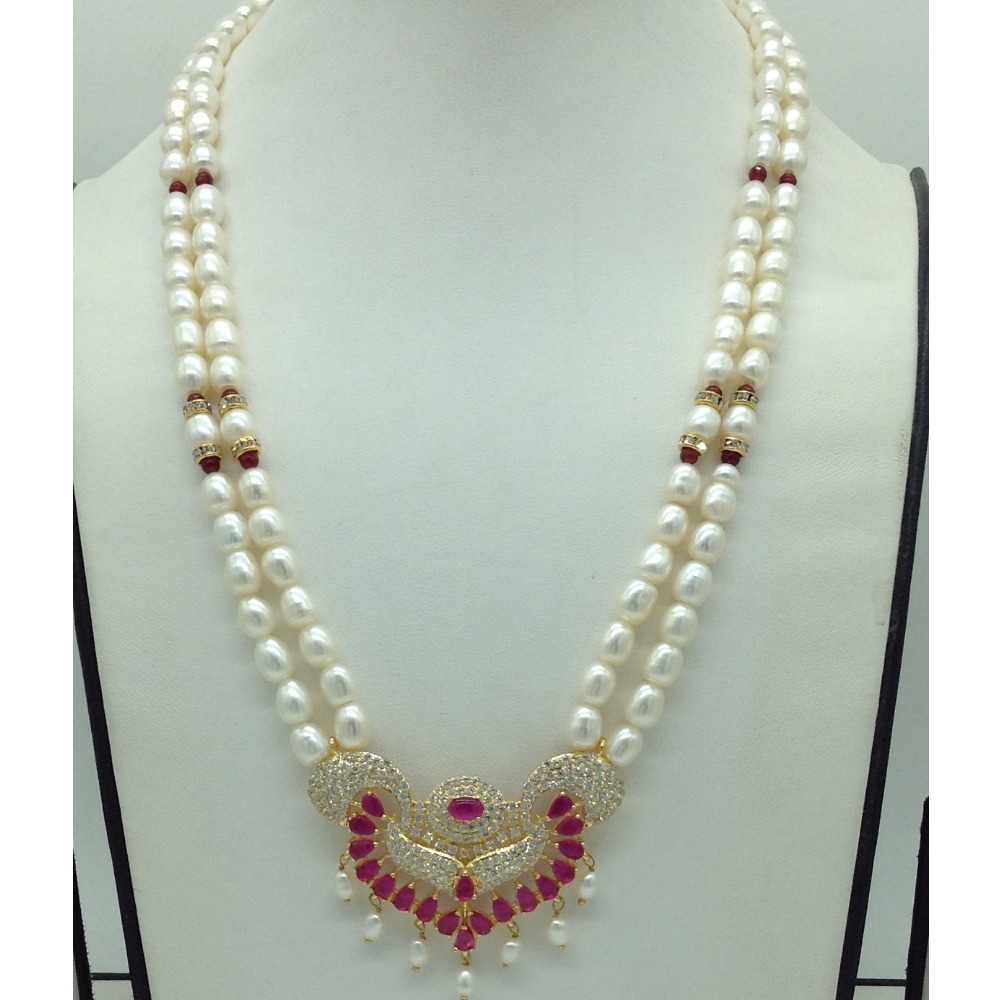 White Red Cz Pendent Set With 2 Line White Pearls Mala JPS0858