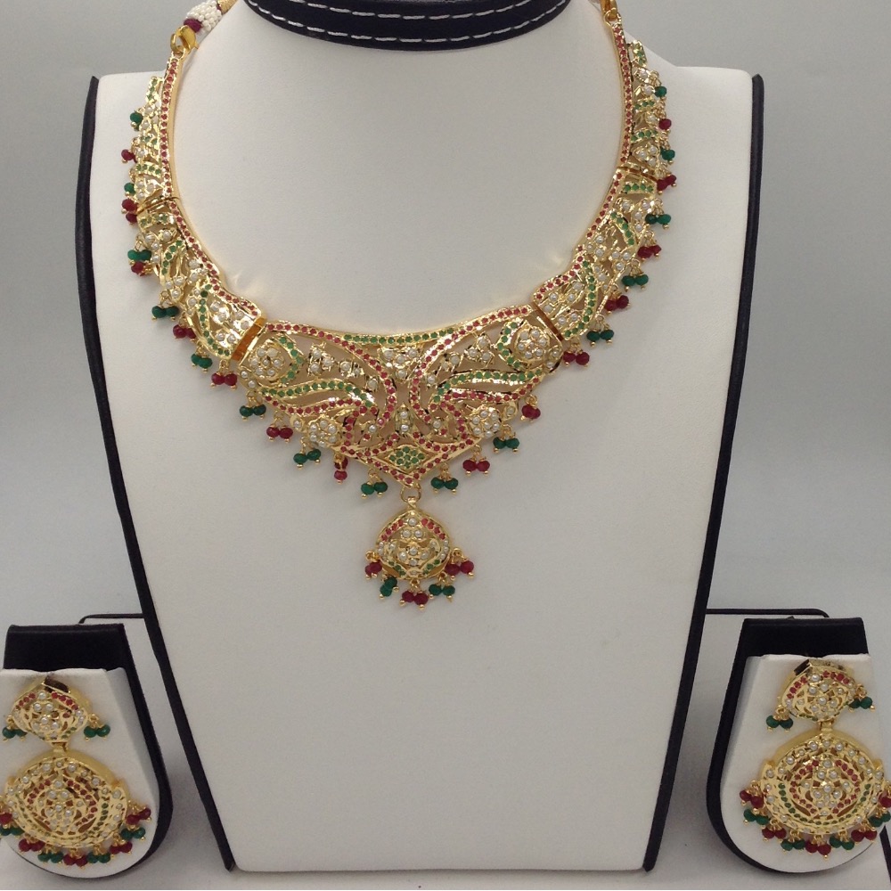 Ruby, emeralds and white pearls amritsar necklace set jnc0027