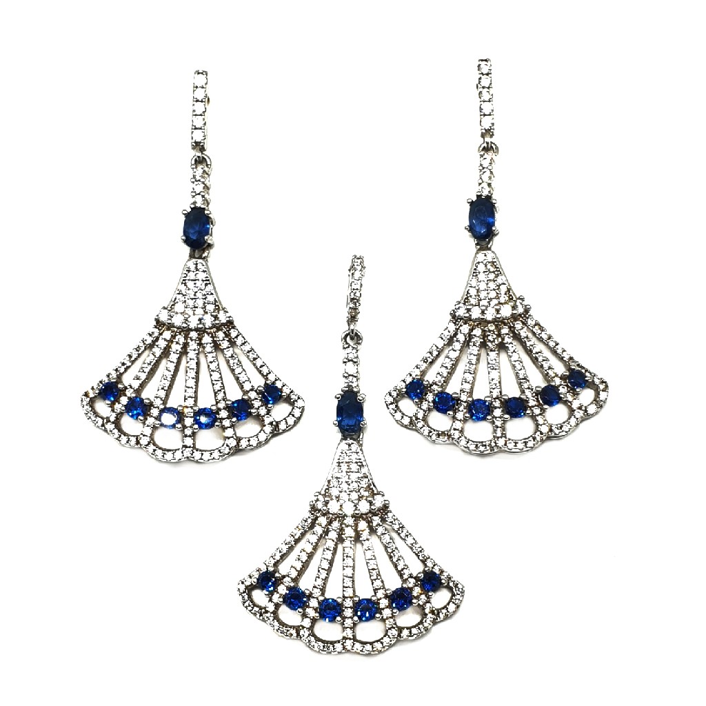 925 Sterling Silver White And Blue Diamond Pendant Set MGA - PTS0014