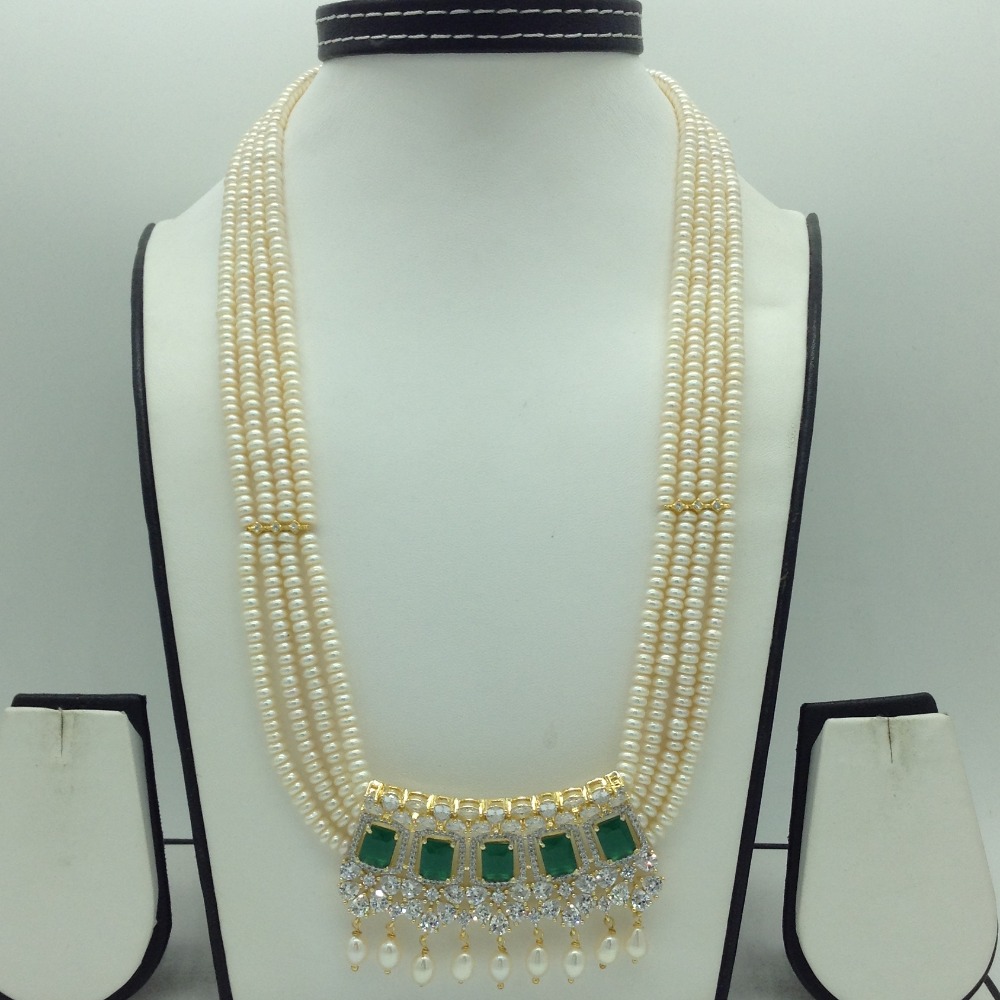 White,Green CZ Pendent Set With 4 Line Pearls Mala JPS0767
