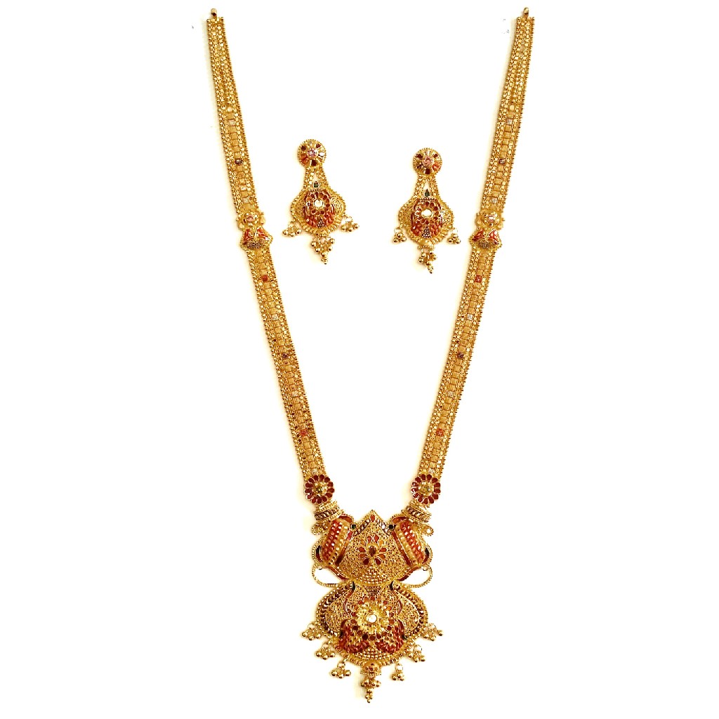 916 Gold Kalkatti Long Necklace With Earrings MGA - GLS050