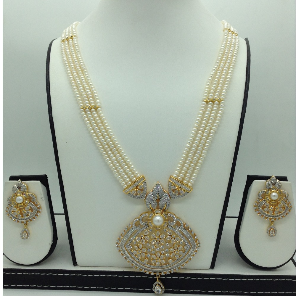 White cz and pearls ranihaar set with 4 line flat pearls mala jps0610