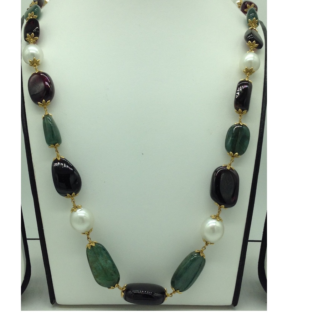 White South Sea Round Pearls With Emerald And Tormaline Oval Tumbles Gold Taar Necklace JGT0002
