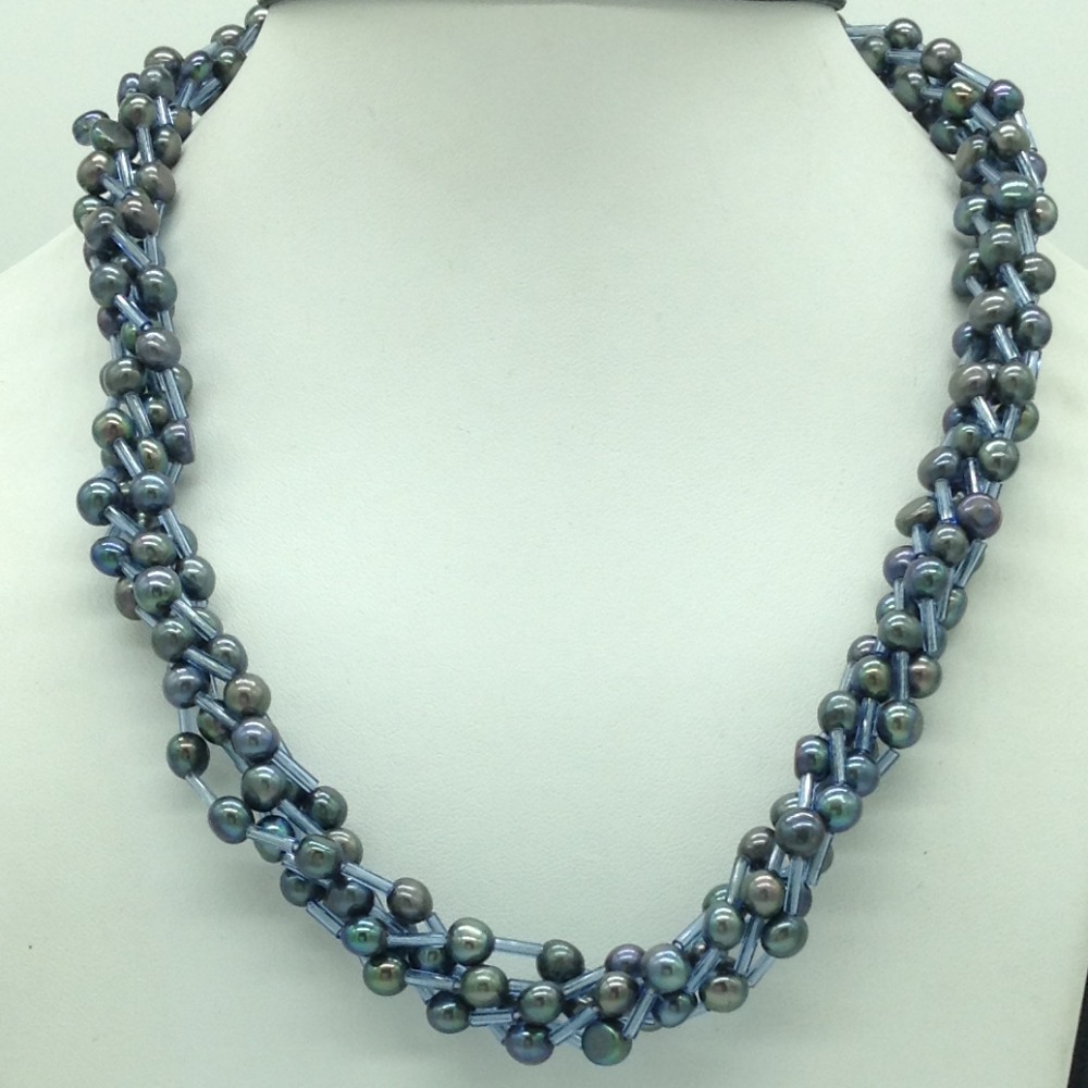 Black button pearls with blue pipe 5 layers necklace jpm0432