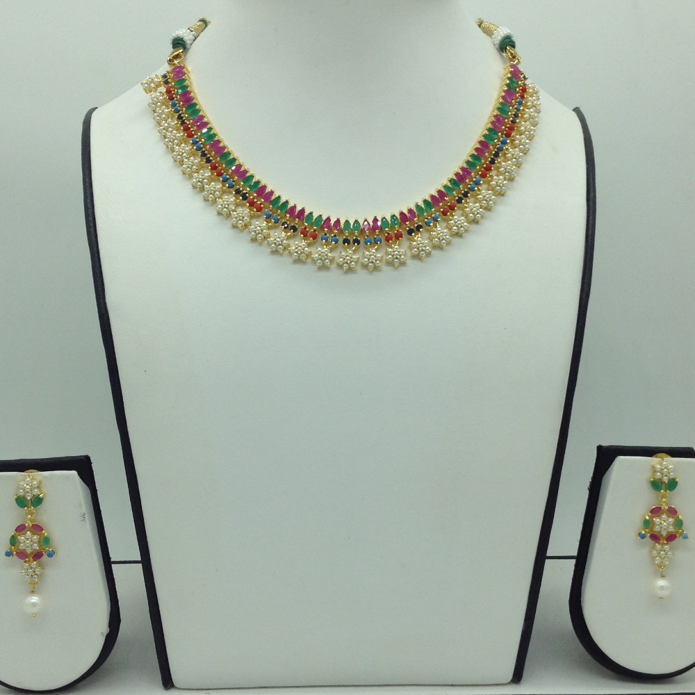 Navratan and white button pearls necklace set jnc0114