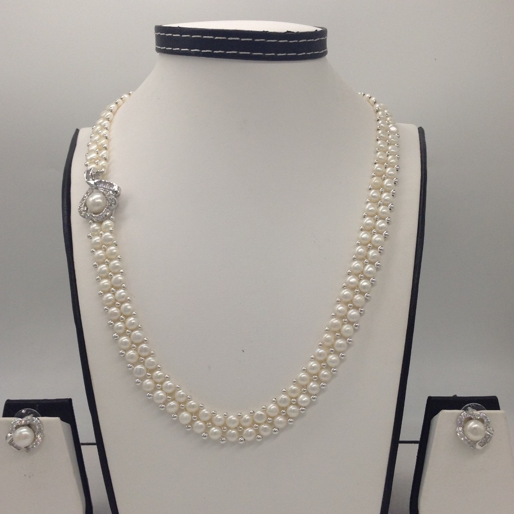 White CZ And Pearls Broach Set With 2 Line Button Jali Pearls Mala JPS0228