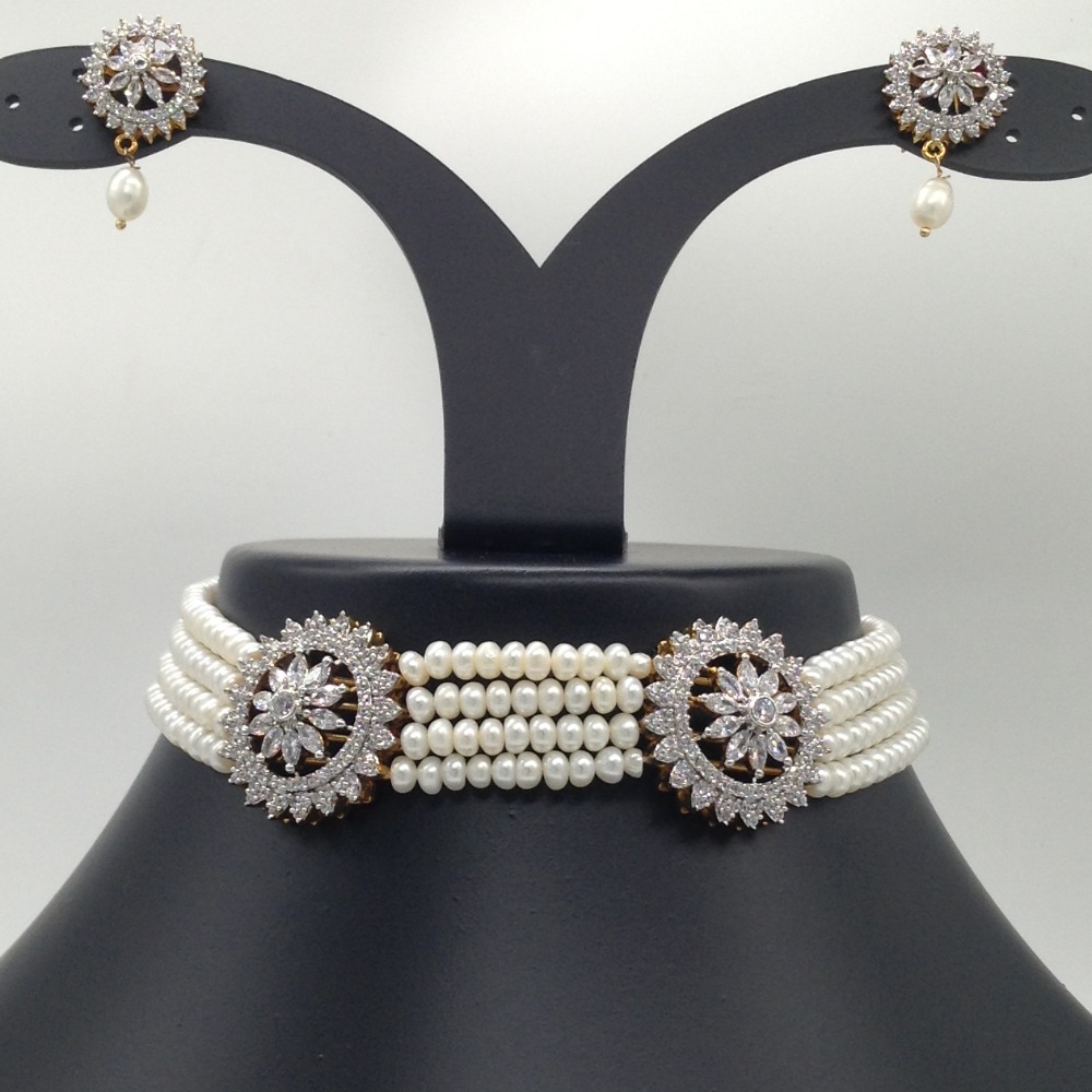 White CZ Choker Set With 4 Line Flat Pearls Mala JPS0532