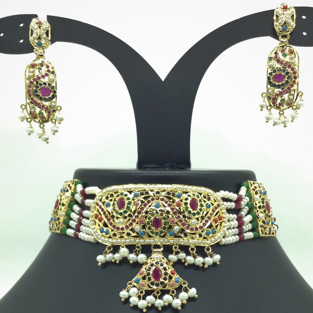 Navratna Amritsar Choker Set With 6 Line Flat Pearls Mala JPS0562