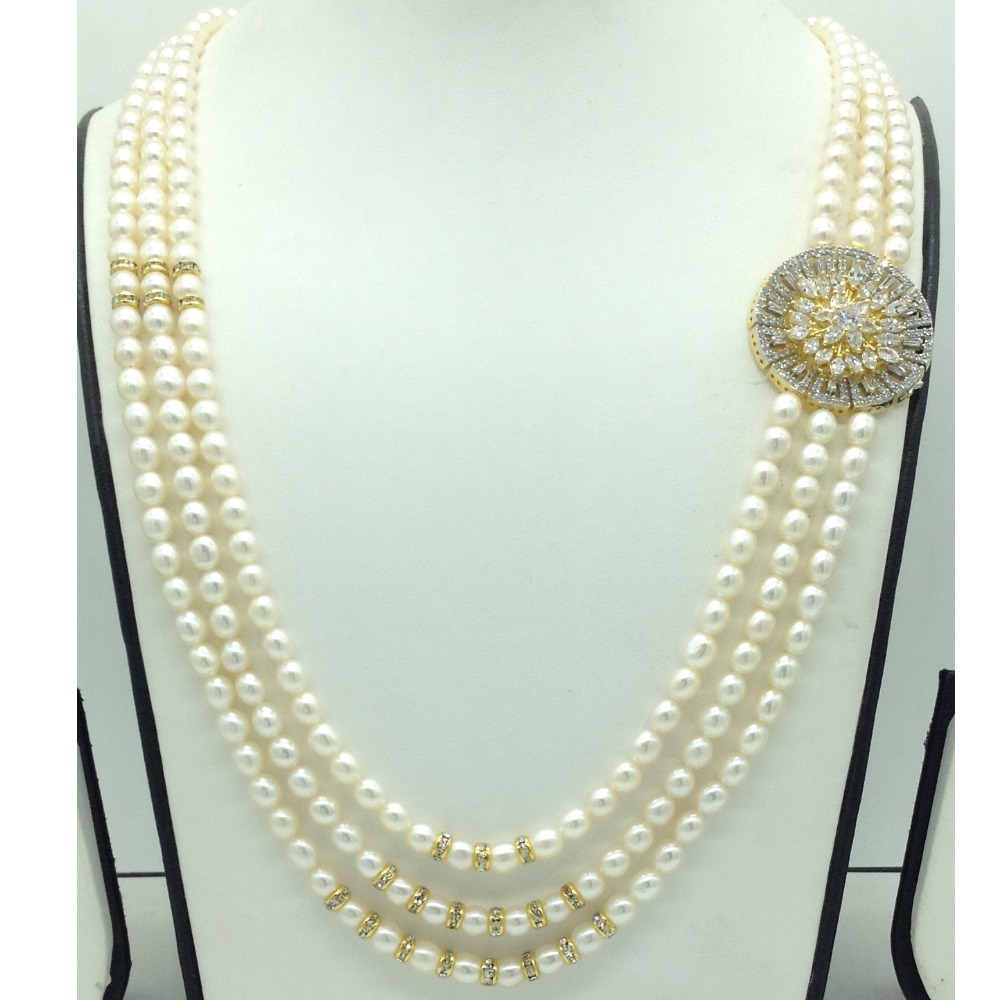 White CZ Brooch Set With 3 Lines Oval Pearls Mala JPS0720