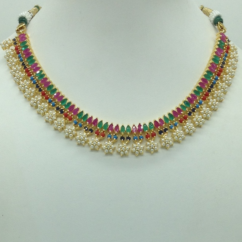 Navratan and white button pearls necklace set jnc0114