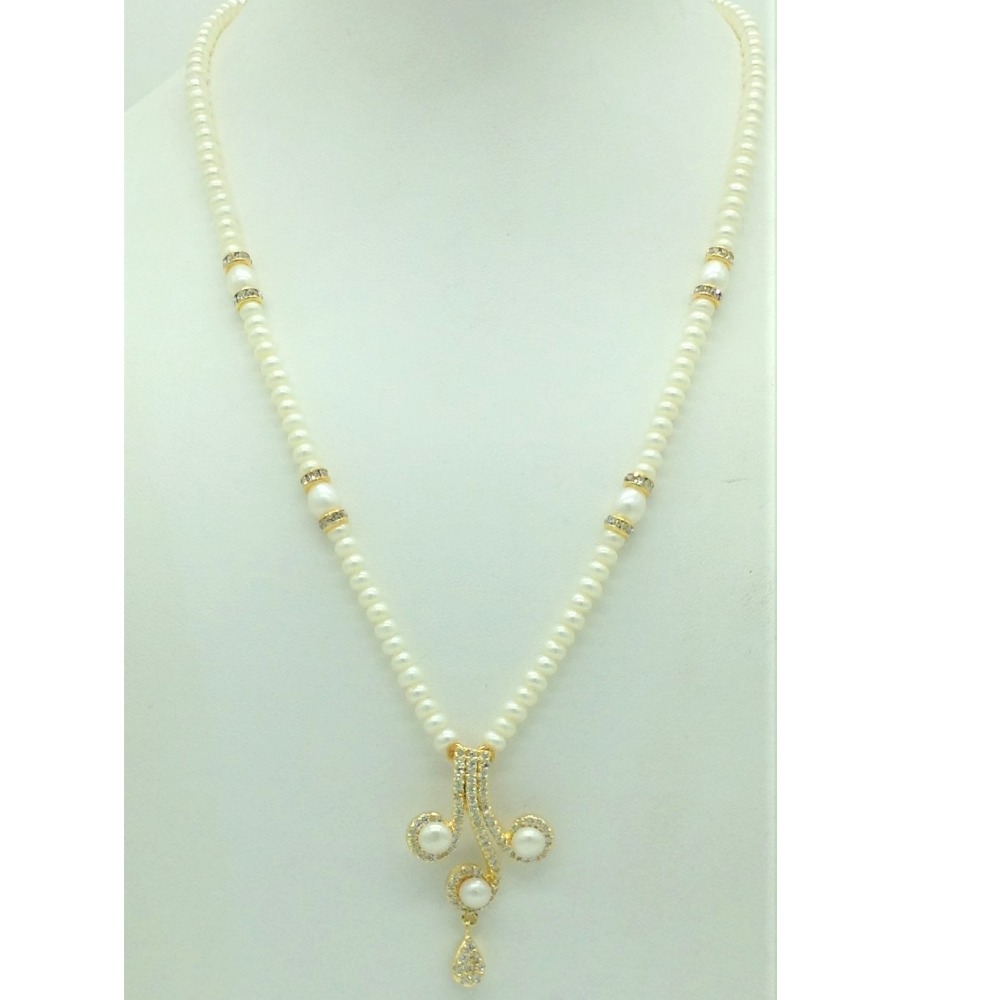 White cz pendent set with 1 line flat pearls mala jps0688
