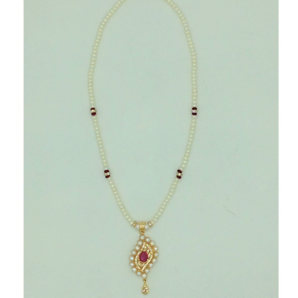 White,red cz pendent set with 1 line flat pearls mala jps0689
