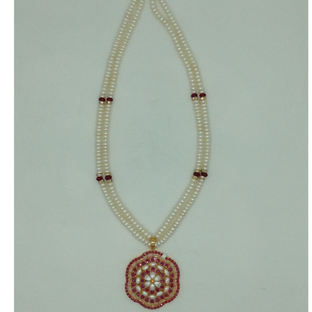 Red Cz Pendent Set With 2 Line White Pearls Mala JPS0861