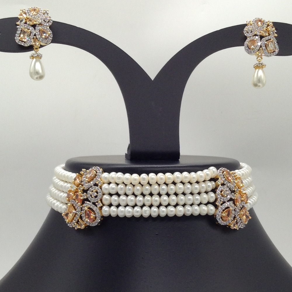 White And Golden CZ Choker Set With 4 Line Flat Pearls Mala JPS0525