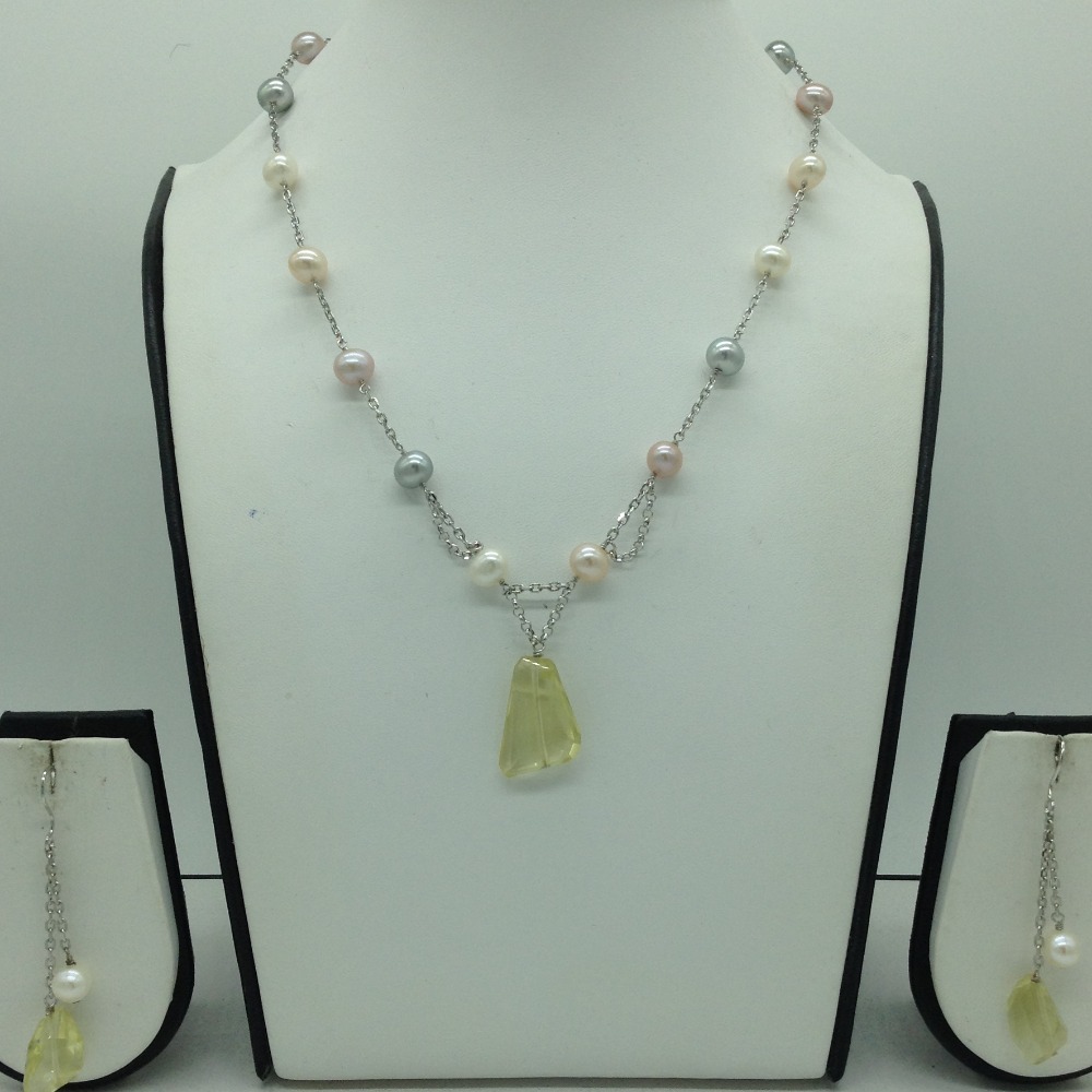 Freshwater multicolour pearls and citrine silver chain set jnc0079