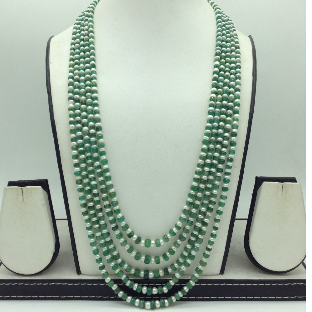 White Flat Pearls with Green Bariels Beeds 5 Layers Mala JPM0500