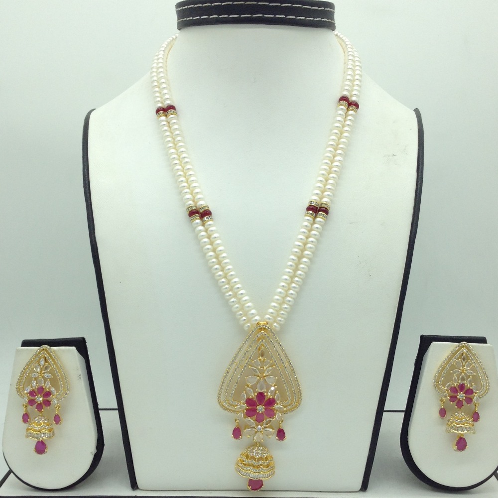 White,red cz pendent set with 2 line flat pearls jps0694