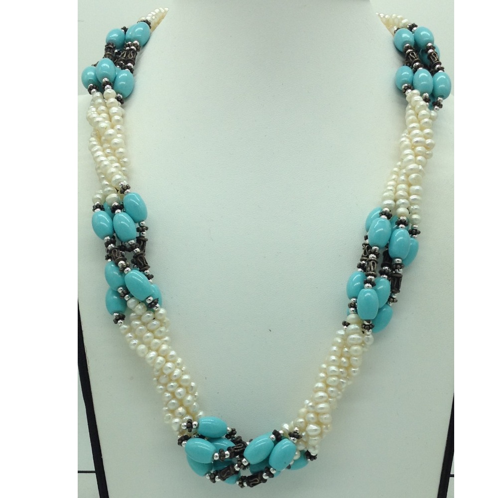 Freshwater White Pearls And Turquoise Twisted Necklace Set JPP1072