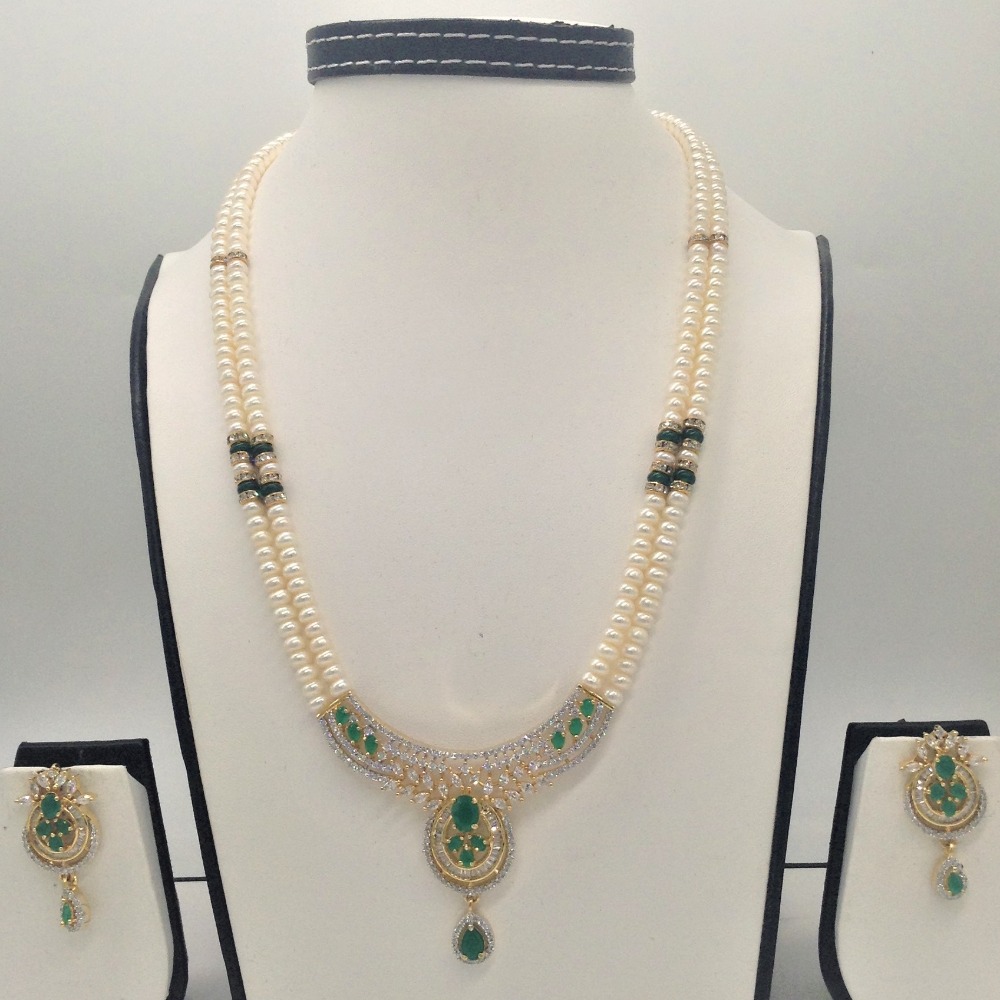 Buy quality White and green cz pendent set with 2 line flat pearls mala ...