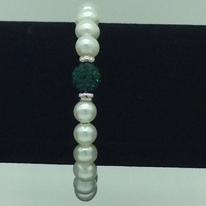 White round pearls and green cz ball 1 layers stiff bracelet jbg0152