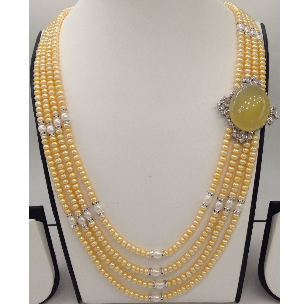White CZ Brooch Set With 4 Lines Golden Flat Pearls Mala JPS0479