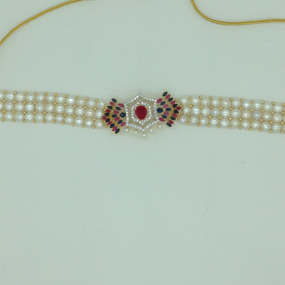 Tricolour CZ Stones Choker Set With Button Jali Pearls Mala JPS0584