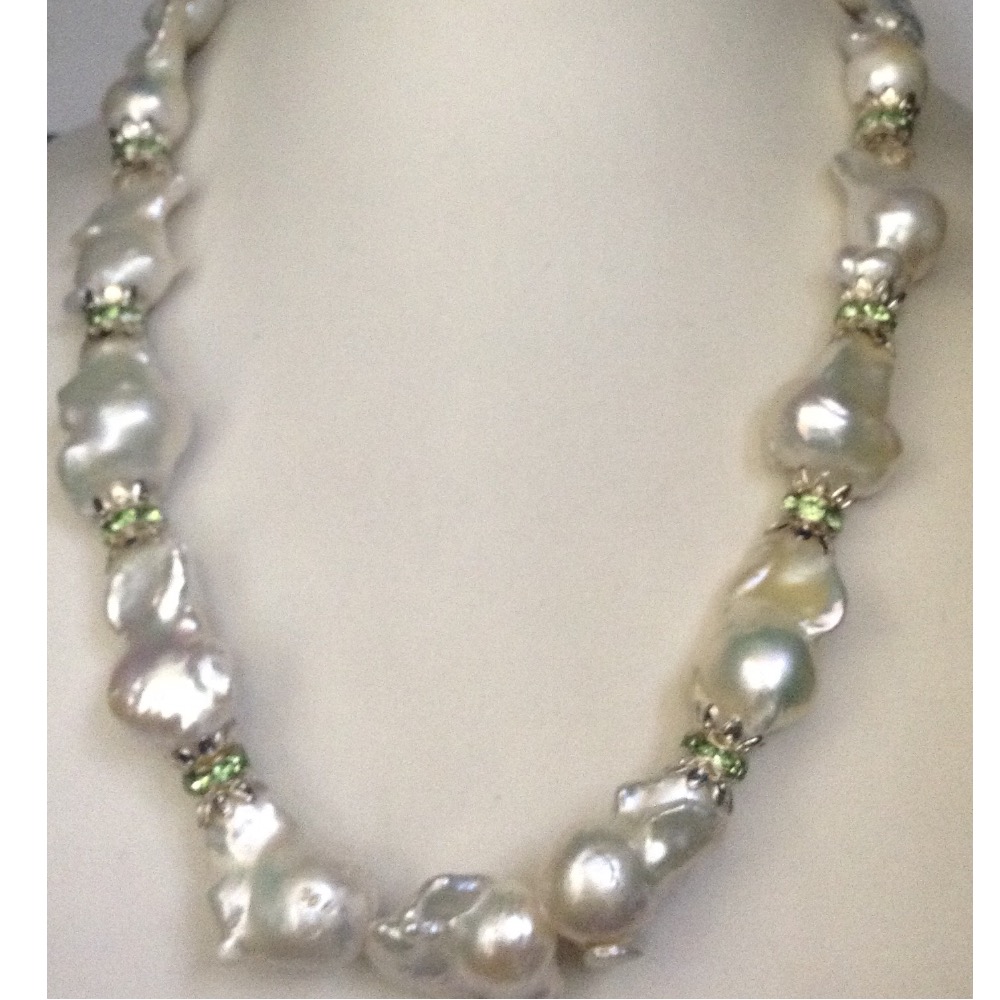 Freshwater white drops baroque pearls mala with cz chakri JPM0123
