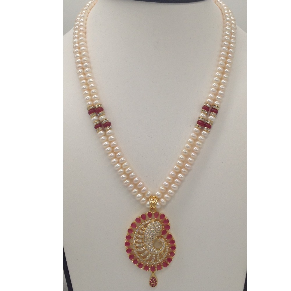 White;red cz pendent set with 2 line flat pearls jps0317