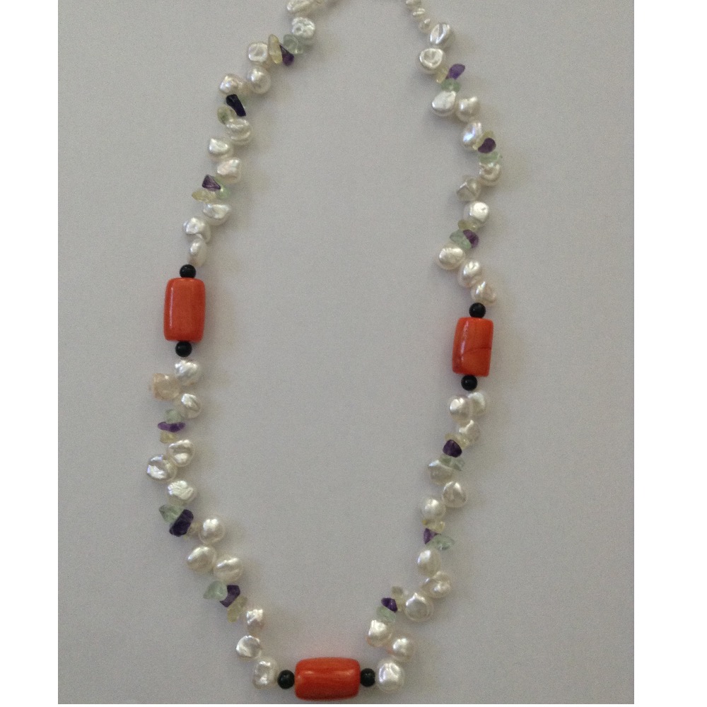 Freshwater White Chips Baroque Pearls Mala With Coral Drums and Amethyst/ Citrine/Peridot Chips JPM0267
