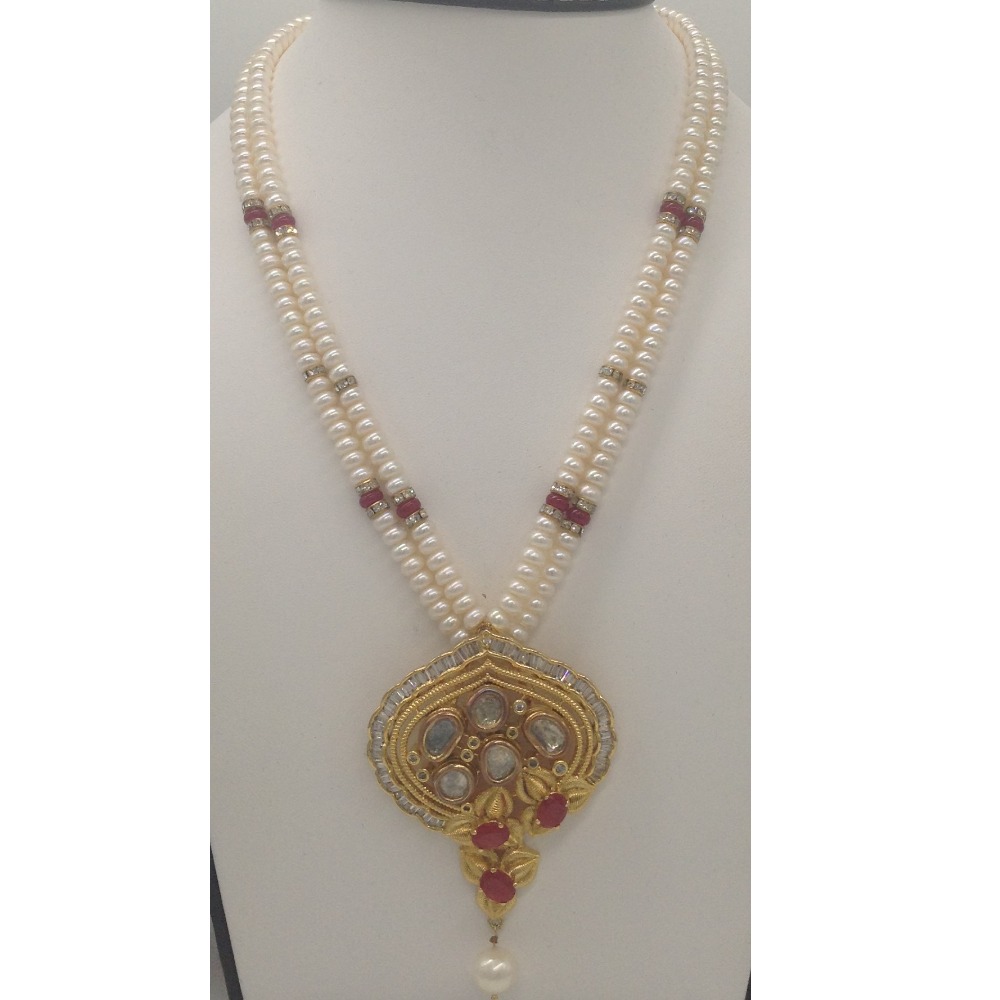 White, Red CZ And Pearls Fusion Pendent Set With 2 Line Flat Pearls Mala JPS0343