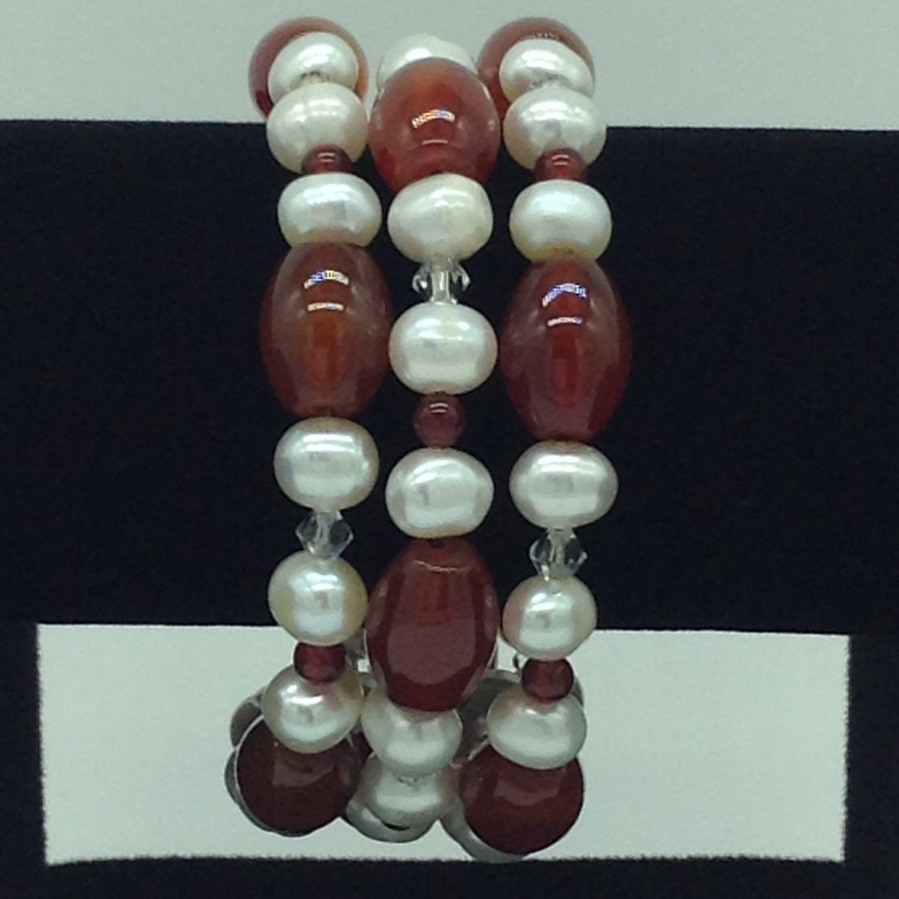 White Potato Pearls And Amber Stone With White Crystals Spiral Bracelet JBG0160