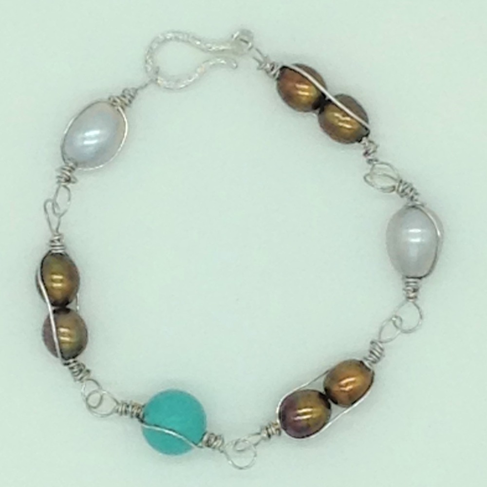 Freshwater multicolour pearls and turquoise set in wire mesh jpp1087